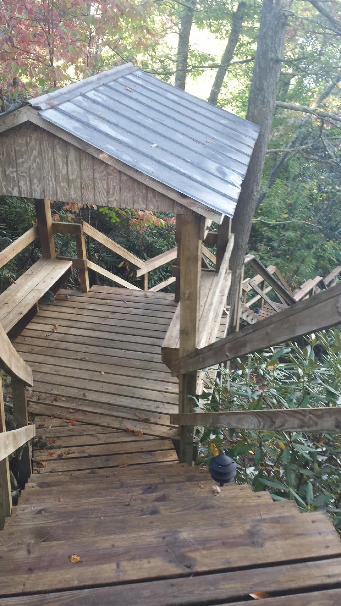 Metal roofed shelter over wooden steps on a wooded walkway — Skylight Repair & Installation work by our crew in New Hope